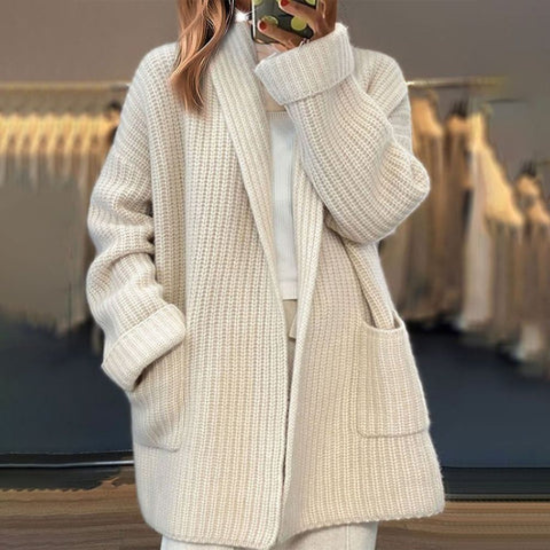 Cardigan femme en tricot beige, manches longues, coupe fluide, beige