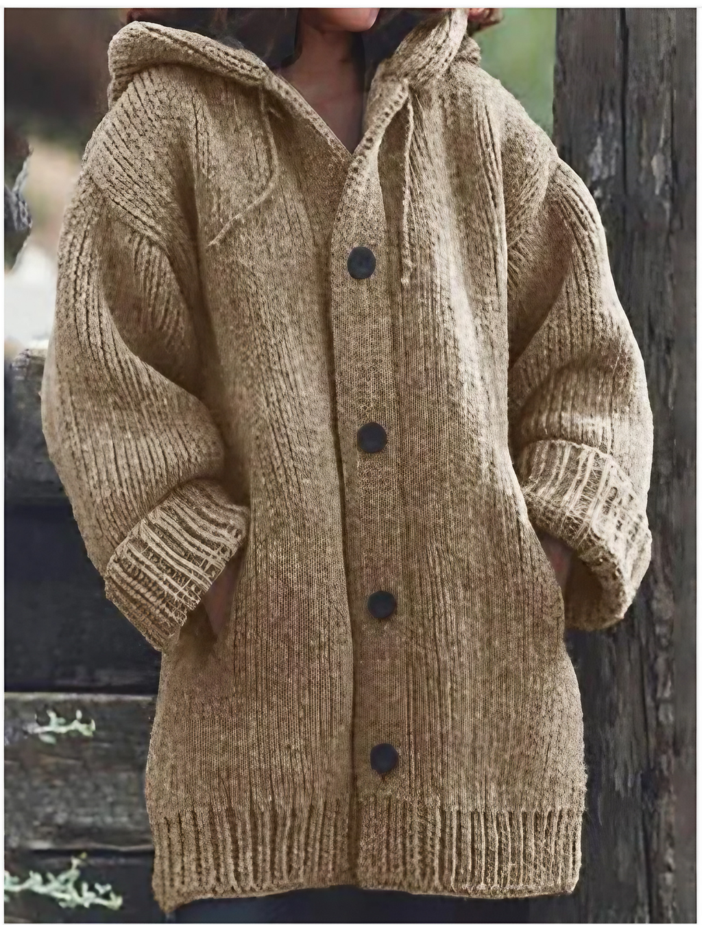 Cardigan en maille à capuche femme, boutonné, du S au 5XL, kaki