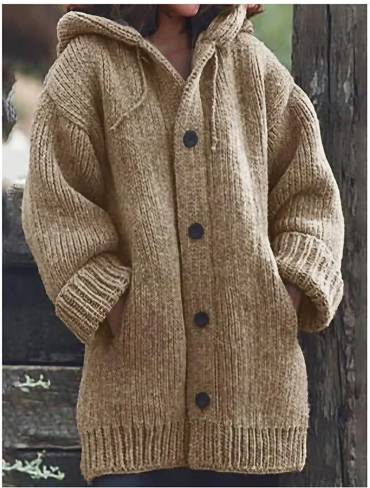 Cardigan en maille à capuche femme, boutonné, du S au 5XL, kaki