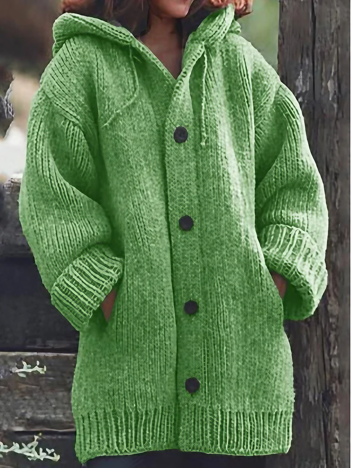 Cardigan en maille à capuche femme, boutonné, du S au 5XL, vert