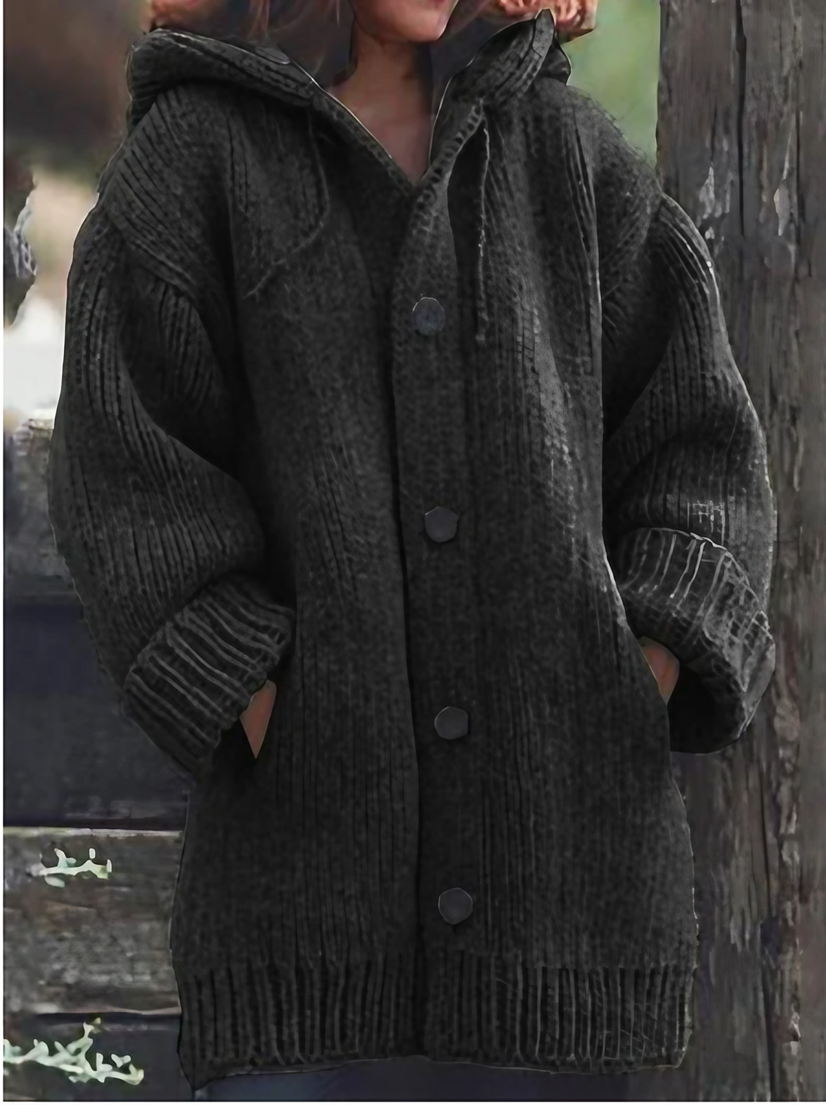 Cardigan en maille à capuche femme, boutonné, du S au 5XL, noir