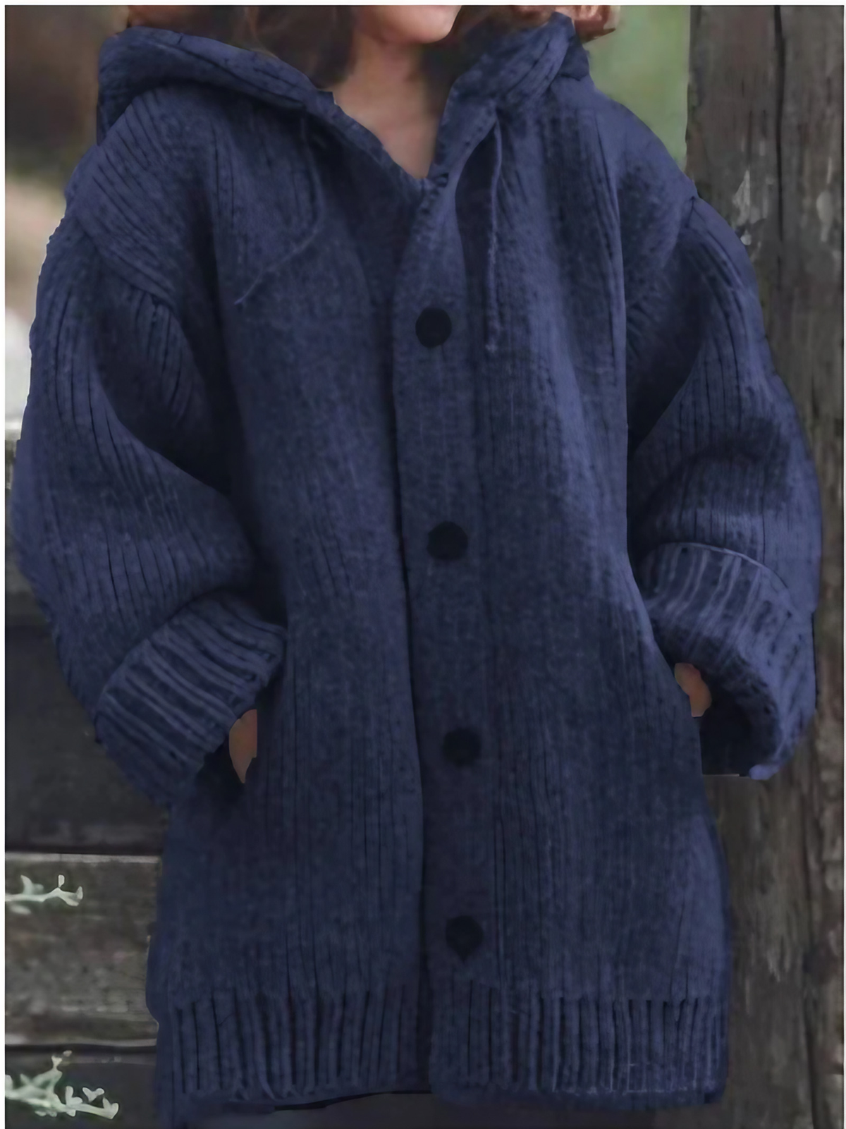 Cardigan en maille à capuche femme, boutonné, du S au 5XL, bleu foncé