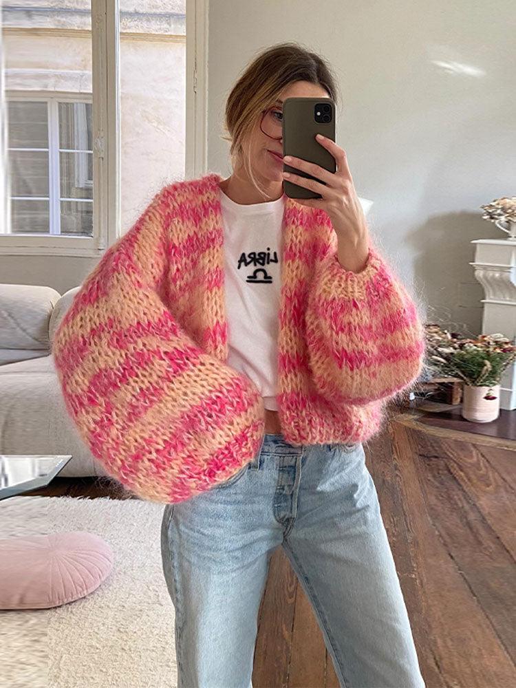 Cardigan tricoté femme, orange, rouge, pourpre ou rose, du S au L, rose