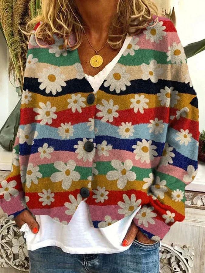 Cardigan femme vintage à motifs fleuris, boutonné, sept coloris, curcuma