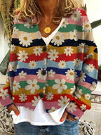 Cardigan femme vintage à motifs fleuris, boutonné, sept coloris, curcuma