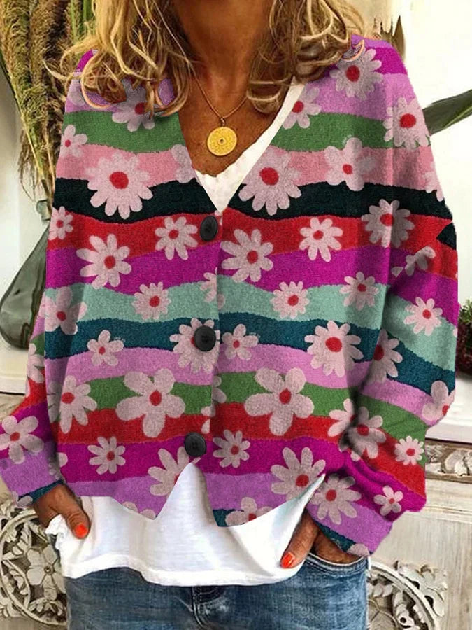 Cardigan femme vintage à motifs fleuris, boutonné, sept coloris, rose violet