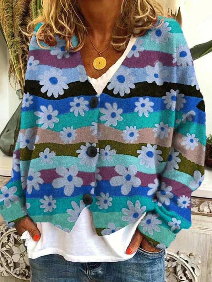 Cardigan femme vintage à motifs fleuris, boutonné, sept coloris, bleu