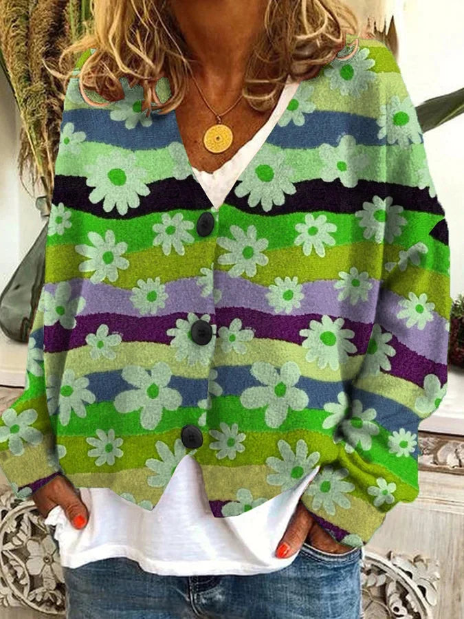 Cardigan femme vintage à motifs fleuris, boutonné, sept coloris, vert