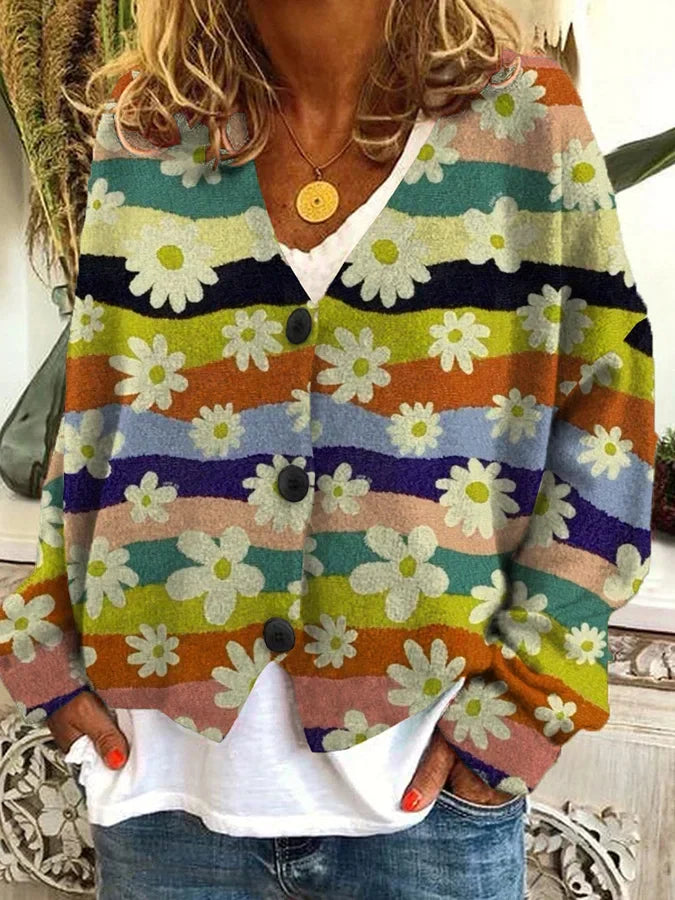 Cardigan femme vintage à motifs fleuris, boutonné, sept coloris, jaune