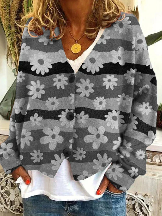 Cardigan femme vintage à motifs fleuris, boutonné, sept coloris, gris