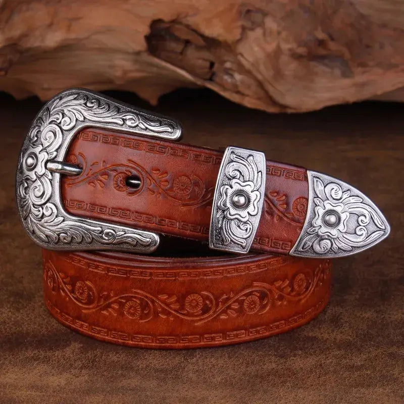 Ceinture western homme à boucle en métal gravée, quatre coloris