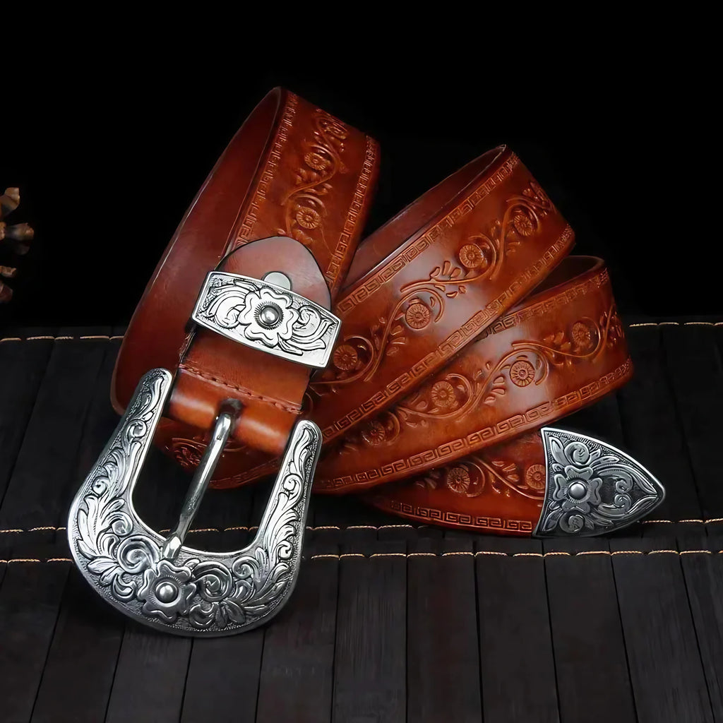 Ceinture western homme à boucle en métal gravée, quatre coloris, brun