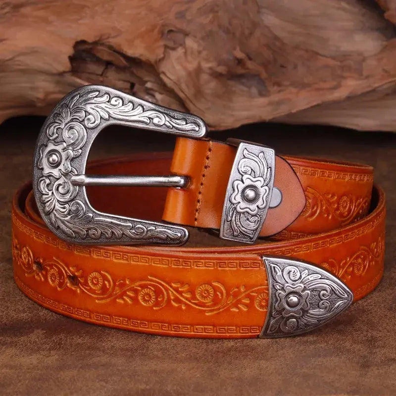 Ceinture western homme à boucle en métal gravée, quatre coloris, jaune