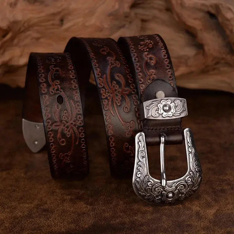 Ceinture western homme à boucle en métal gravée, quatre coloris