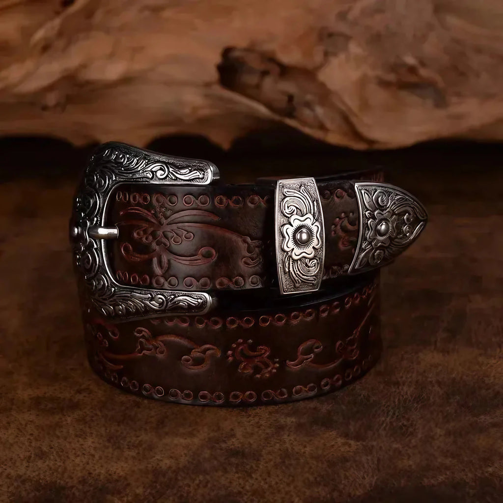 Ceinture western homme à boucle en métal gravée, quatre coloris, café