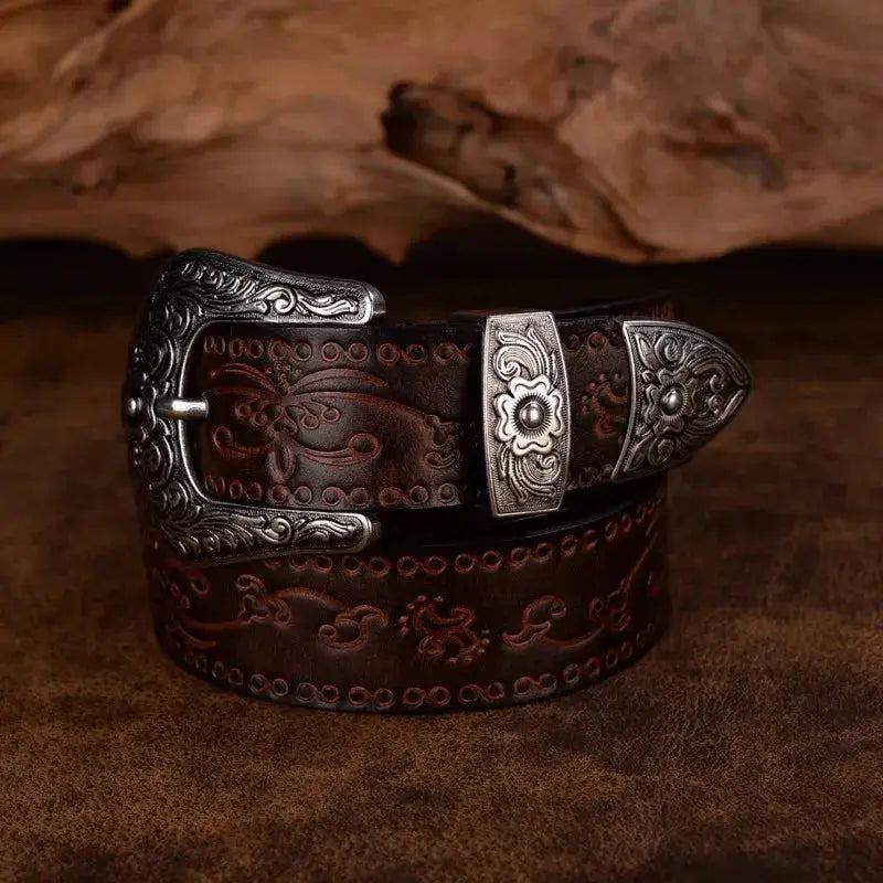 Ceinture western homme à boucle en métal gravée, quatre coloris, café
