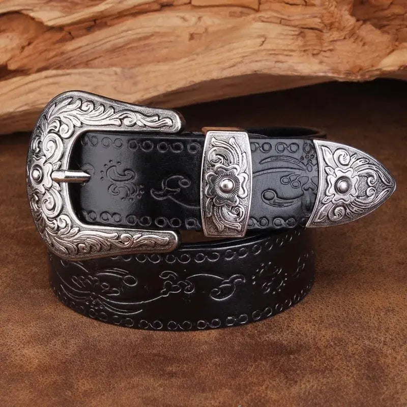 Ceinture western homme à boucle en métal gravée, quatre coloris, noir