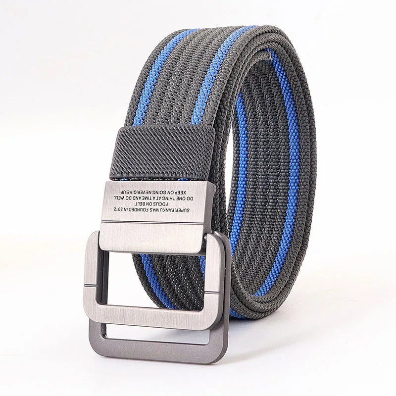 Ceinture mixte à boucle double anneau, unie ou rayée, 120 cm, gris et bleu foncé