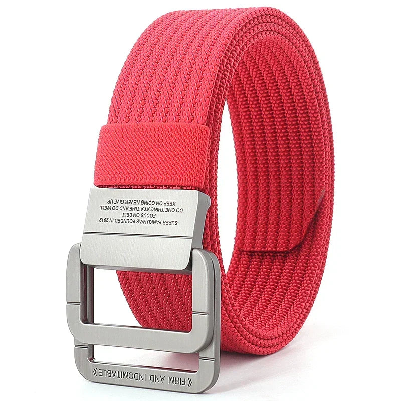 Ceinture mixte à boucle double anneau, unie ou rayée, 120 cm, rouge