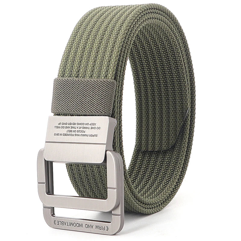 Ceinture mixte à boucle double anneau, unie ou rayée, 120 cm, vert armée