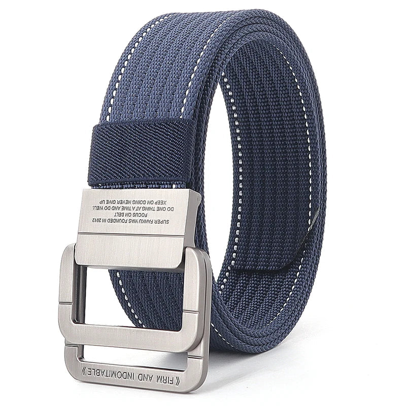 Ceinture mixte à boucle double anneau, unie ou rayée, 120 cm, rayé bleu et blanc