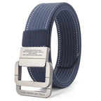 Ceinture mixte à boucle double anneau, unie ou rayée, 120 cm, rayé bleu et blanc