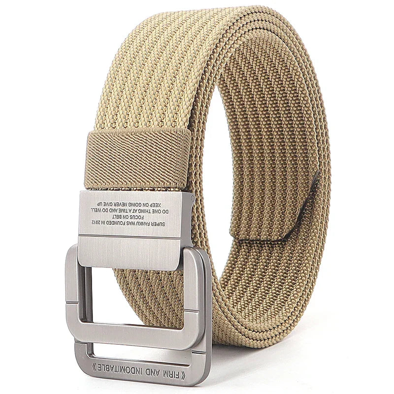 Ceinture mixte à boucle double anneau, unie ou rayée, 120 cm, kaki foncé
