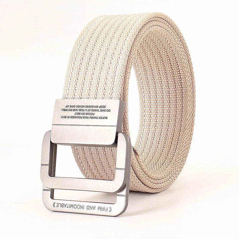 Ceinture mixte à boucle double anneau, unie ou rayée, 120 cm, rayé kaki et blanc