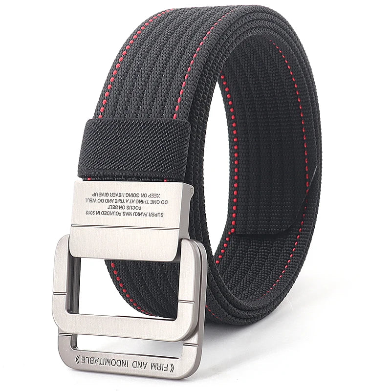 Ceinture mixte à boucle double anneau, unie ou rayée, 120 cm, rayé noir et rouge