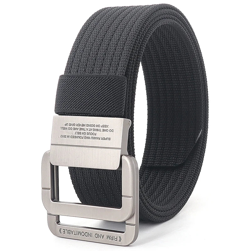 Ceinture mixte à boucle double anneau, unie ou rayée, 120 cm, noir