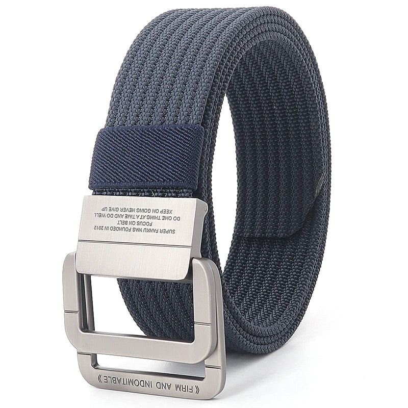 Ceinture mixte à boucle double anneau, unie ou rayée, 120 cm, bleu