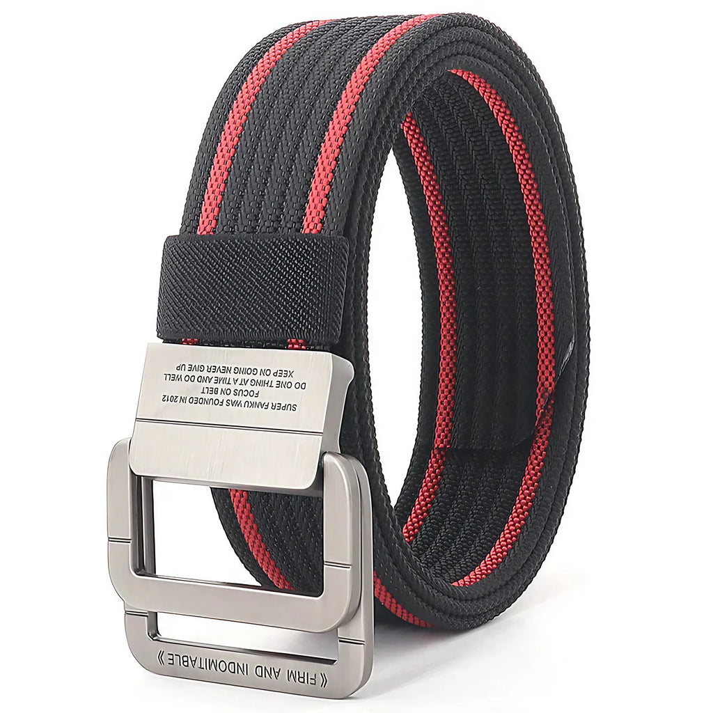 Ceinture mixte à boucle double anneau, unie ou rayée, 120 cm, bordure noire et rouge