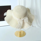 Chapeau d'été femme à dentelle, bord de 8 cm, quatre coloris, beige