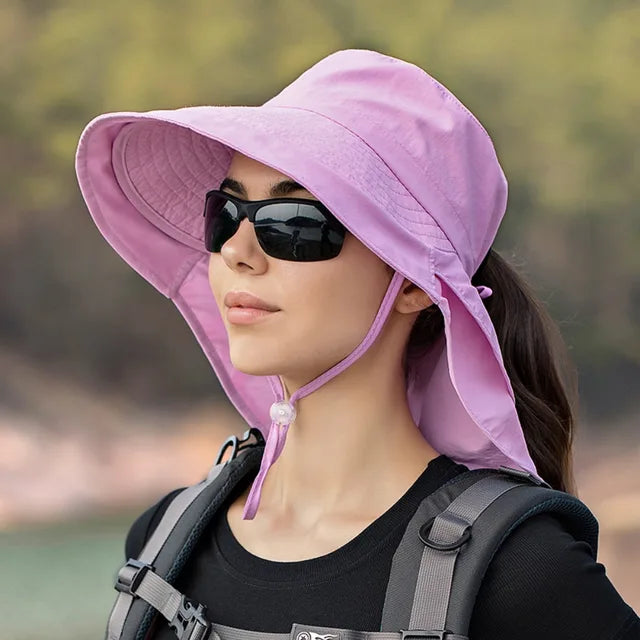 Chapeau de soleil femme à large bord et couvre-nuque amovible, lilas