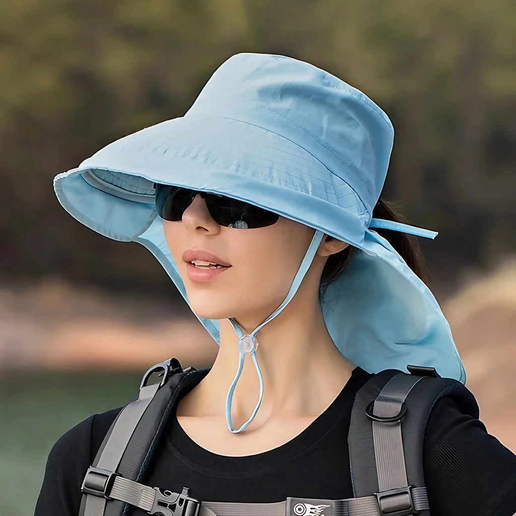 Chapeau de soleil femme à large bord et couvre-nuque amovible, bleu