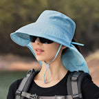 Chapeau de soleil femme à large bord et couvre-nuque amovible, bleu