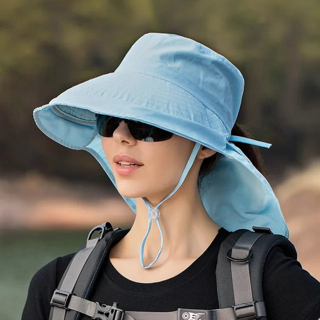 Chapeau de soleil femme à large bord et couvre-nuque amovible, bleu