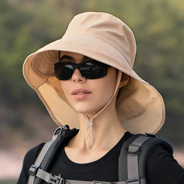 Chapeau de soleil femme à large bord et couvre-nuque amovible, beige