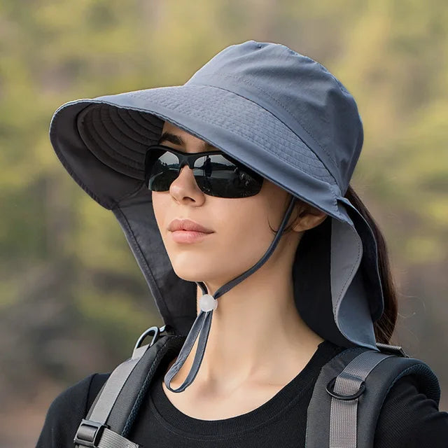 Chapeau de soleil femme à large bord et couvre-nuque amovible, gris foncé
