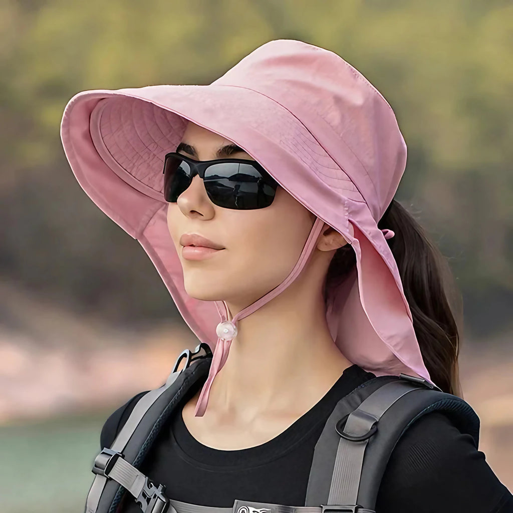 Chapeau de soleil femme à large bord et couvre-nuque amovible, rose