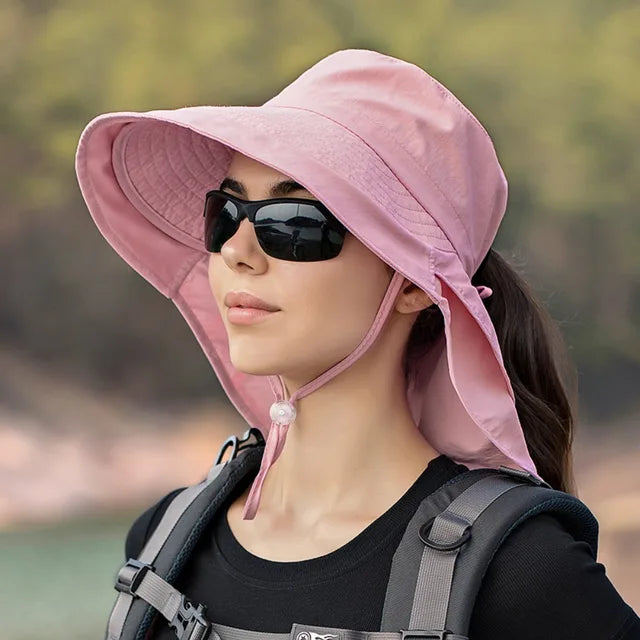 Chapeau de soleil femme à large bord et couvre-nuque amovible, rose