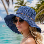 Chapeau de soleil femme pliable à large bord, quatre coloris, bleu