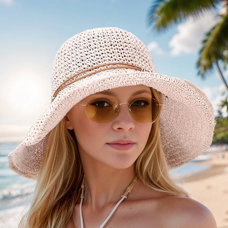 Chapeau de soleil femme pliable à large bord, quatre coloris, rose