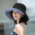 Bob femme réversible rayé ou uni, large bord anti-UV, noir