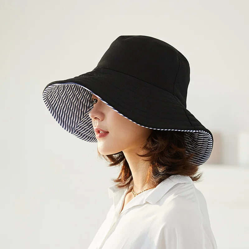 Bob femme réversible rayé ou uni, large bord anti-UV