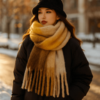 Écharpe femme en laine mélangée, dégradé et longues franges, beige