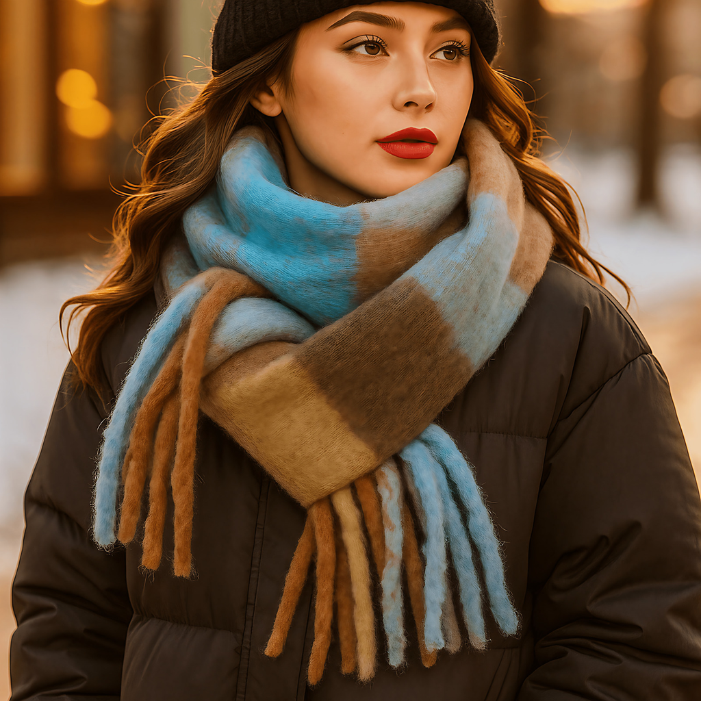 Écharpe femme en laine mélangée, dégradé et longues franges, bleu clair