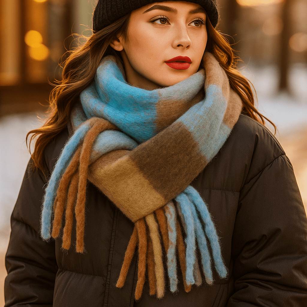 Écharpe femme en laine mélangée, dégradé et longues franges, bleu clair