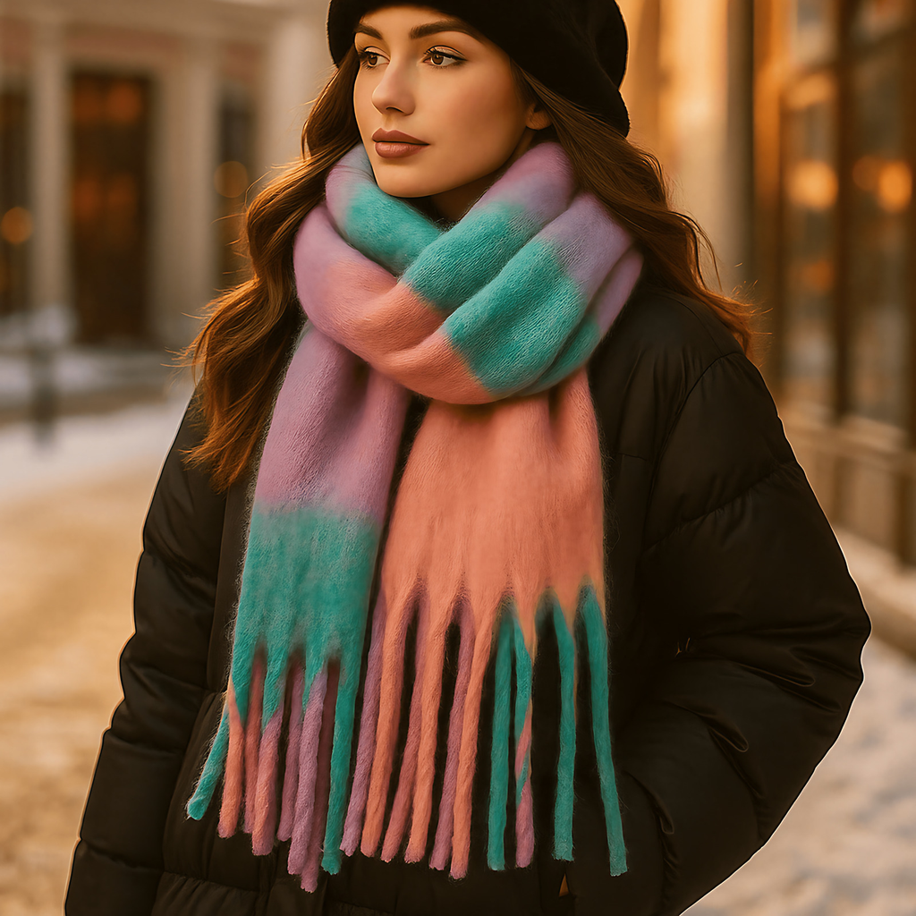 Écharpe femme en laine mélangée, dégradé et longues franges, rose clair