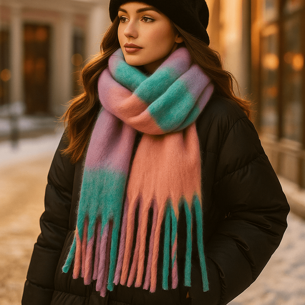 Écharpe femme en laine mélangée, dégradé et longues franges, rose clair